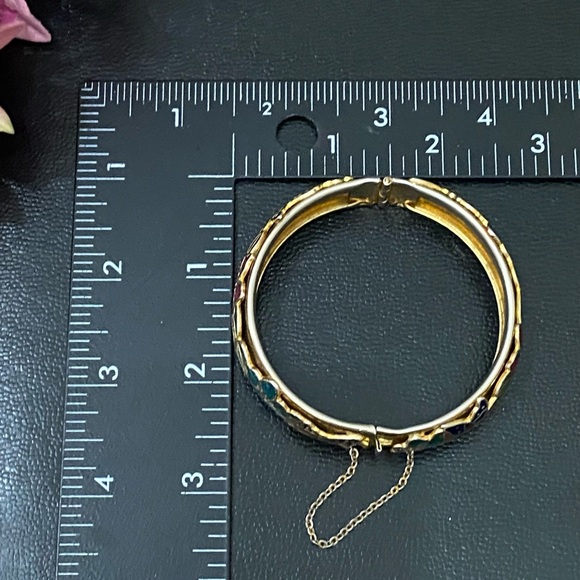 Vintage Unsigned Gold-tone Floral Flower Cloisonne Hinged Bangle Bracelet 36.2g - Picture 7 of 16